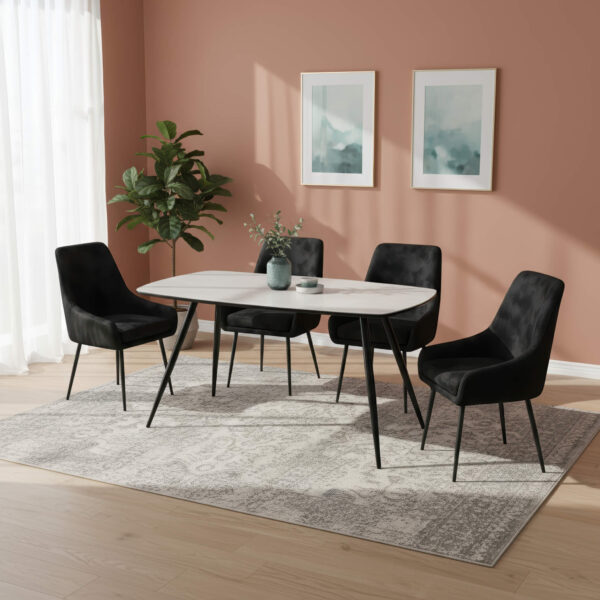 Handan Marble Effect Glass Dining Table with Black Metal legs